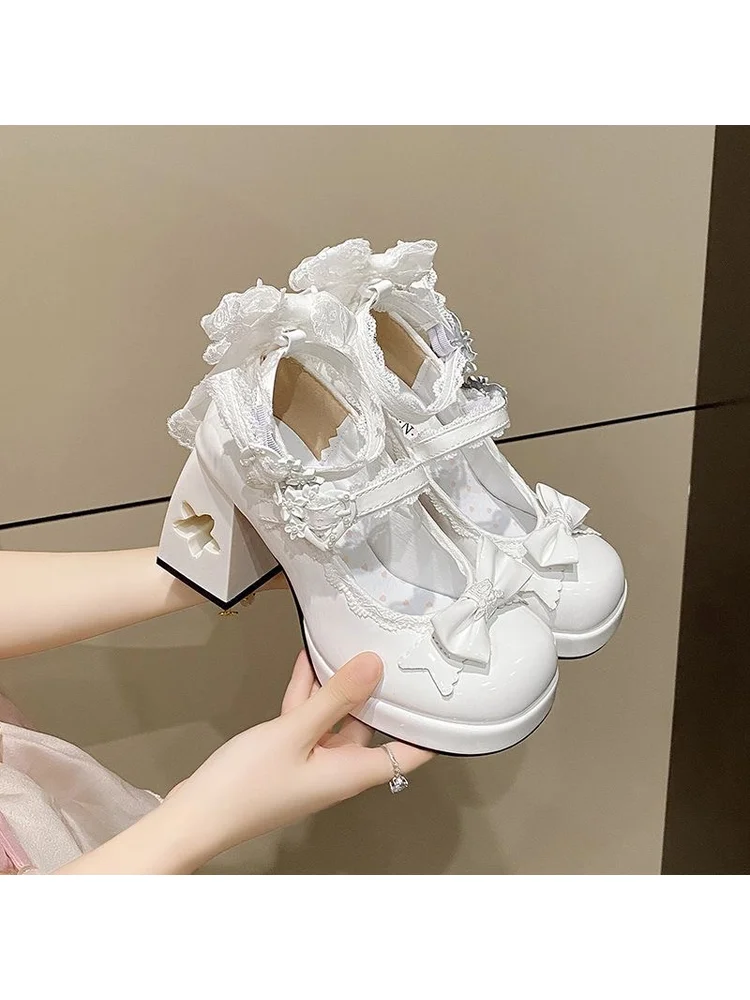 

Признание Сакура Туфли Лолиты на полом каблуке Сладкие кружевные туфли на высоком каблуке с бантом Мэри Джейн Jk Высокие каблуки