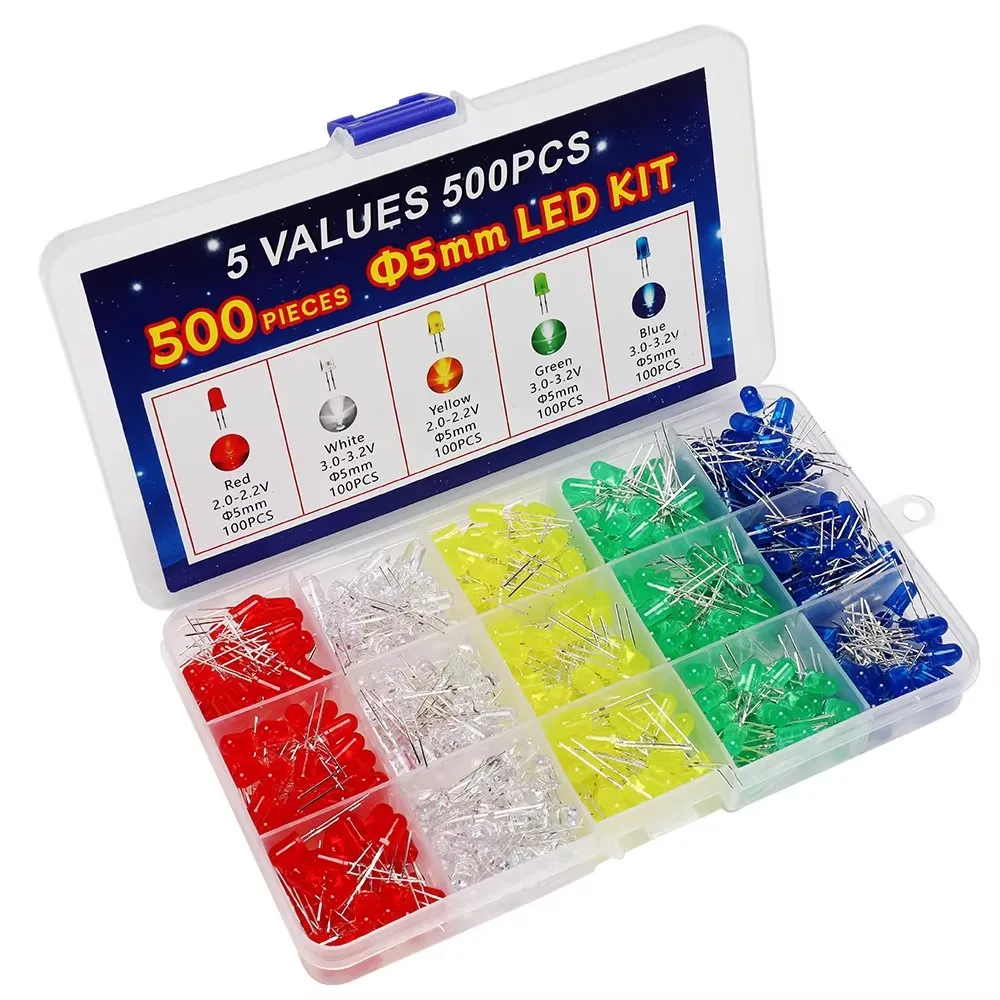 F5 5mm LED Light Emitting Diode Box Set 500 Pieces per Color 5 Colors Total 500PCS Brightness Assured Electronic Component