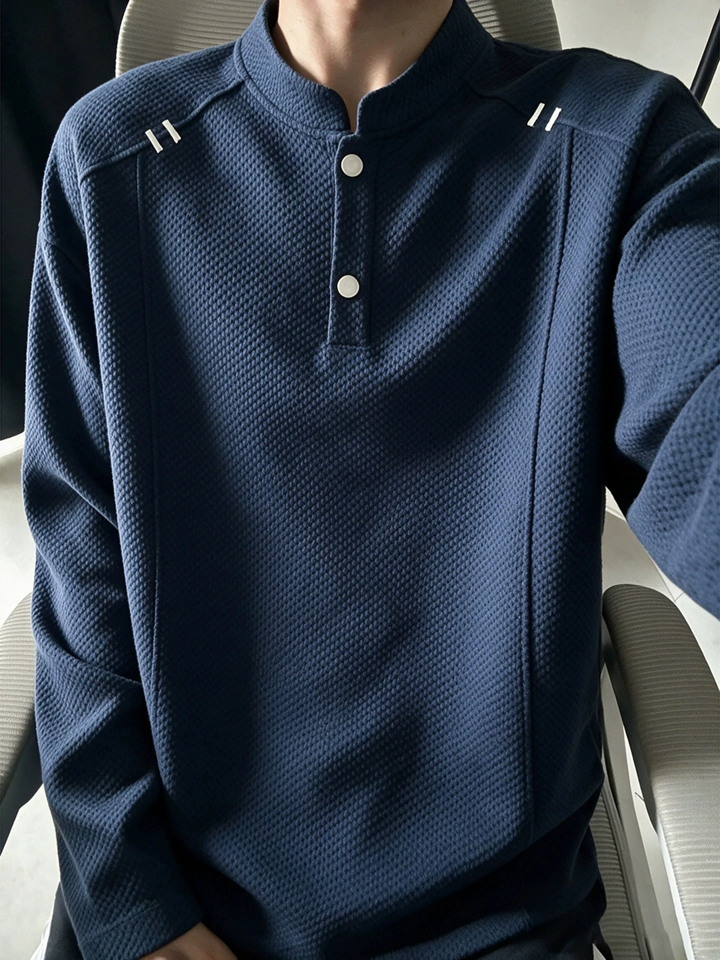 Loose Long Sleeve T-Shirt Men's Cleanfit Simple Base Layer Sweatshirt Half Buttoned Autumn Spring Texture Waffle Pattern