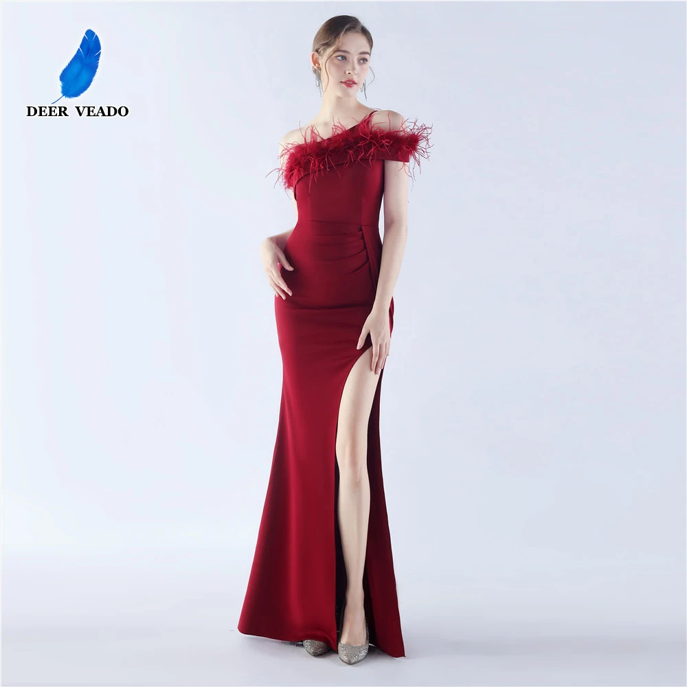 

DEERVEADO Mermaid Slit Soft Satin Evening Dress for Woman One Shoulder Prom Party Dress with Feathers Candy Color Evening Gown