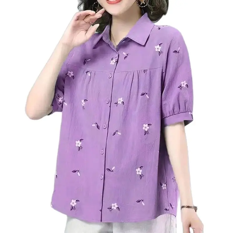 Cotton 2023 New Loose Fashion Age-Reducing Short-Sleeved Shirt Female Summer Coat Middle-Aged Mother Printed Blouse Tide