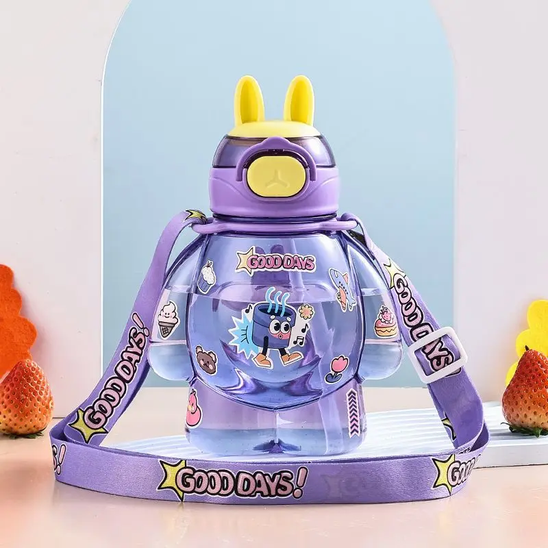 650ml ドーパミンキッズストローウォーターカップ漫画学生カップかわいいスポーツカッププラスチック製水筒ストラップ付き携帯用