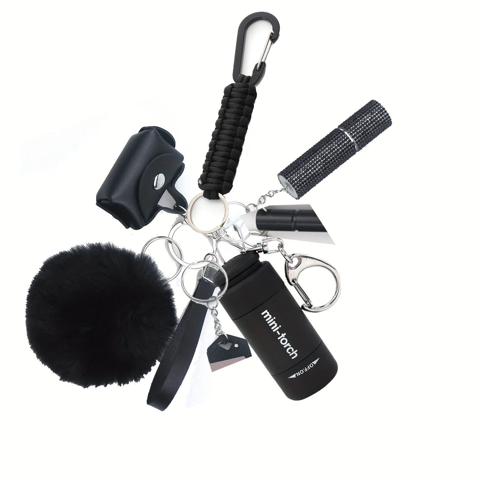 Travel outdoor self defense LED creative flashlight with fluffy ball lady keychains