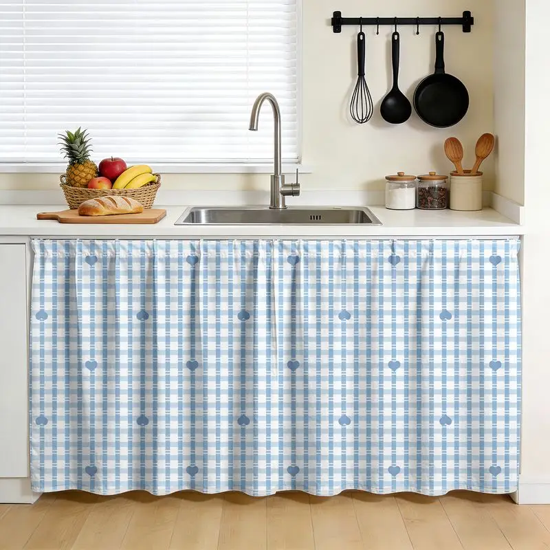 VIKAMA Blue White Plaid Cabinet Curtain Geometric Check Print Under Sink Cover For Kitchen Cupboard Shelf Bedroom Home Decor