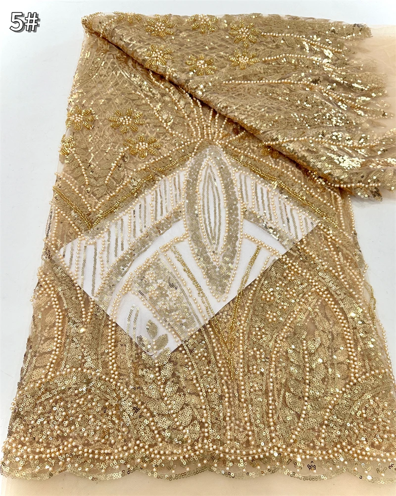 

High-Quality African Beaded Lace Fabric Mesh Embroidered French Sequins for Women's Evening Dresses Bridal Wedding Sewing