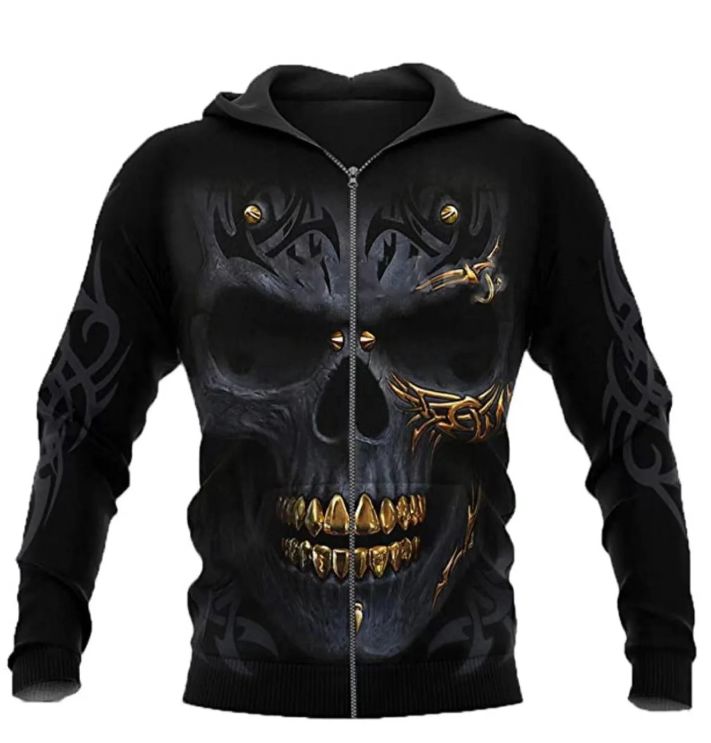 

Hip Hop Sweatshirts Long Sleeve Hoodie Coat Hoodies Men's Hoodie 3D Gold Tooth Skull Print Zipper Hoodie Casual Tops