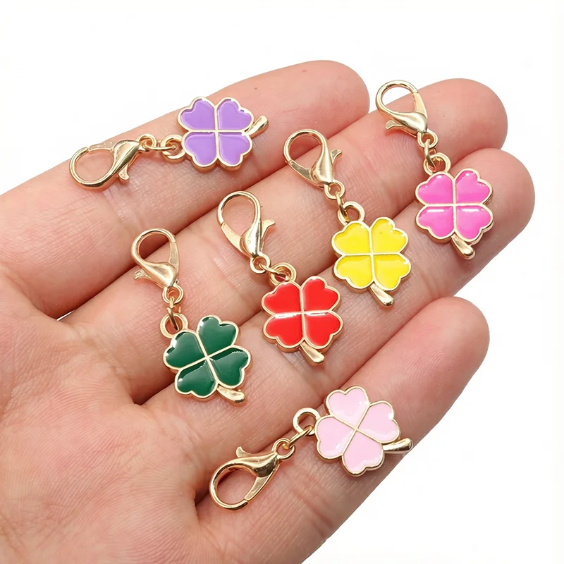 10pcs with Lobster Clasp Enamel Four-Leaf Clover Charms Pendant DIY Jewelry Making Accessories for Keychain Necklace Bracelet