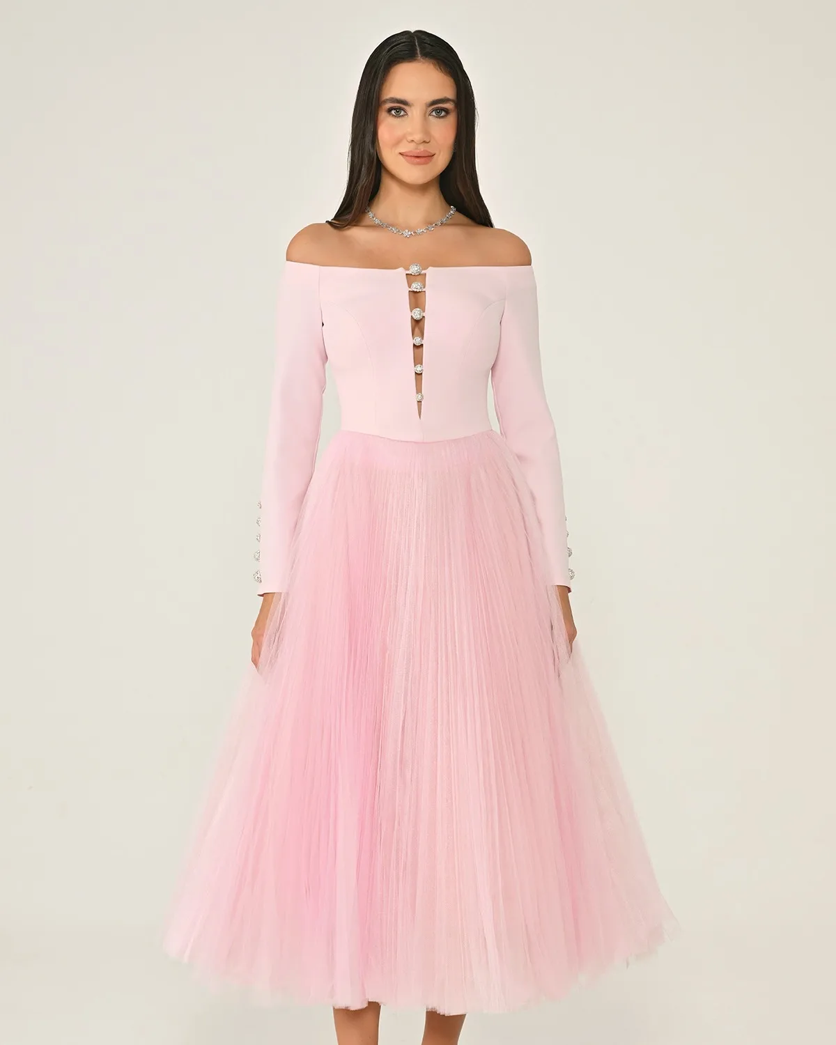 

Customized High Quality Boat Neck Crystal Pleats Evening Dresses Graceful Jersey Long Sleeves Vestido De Festa Vestido De Noche