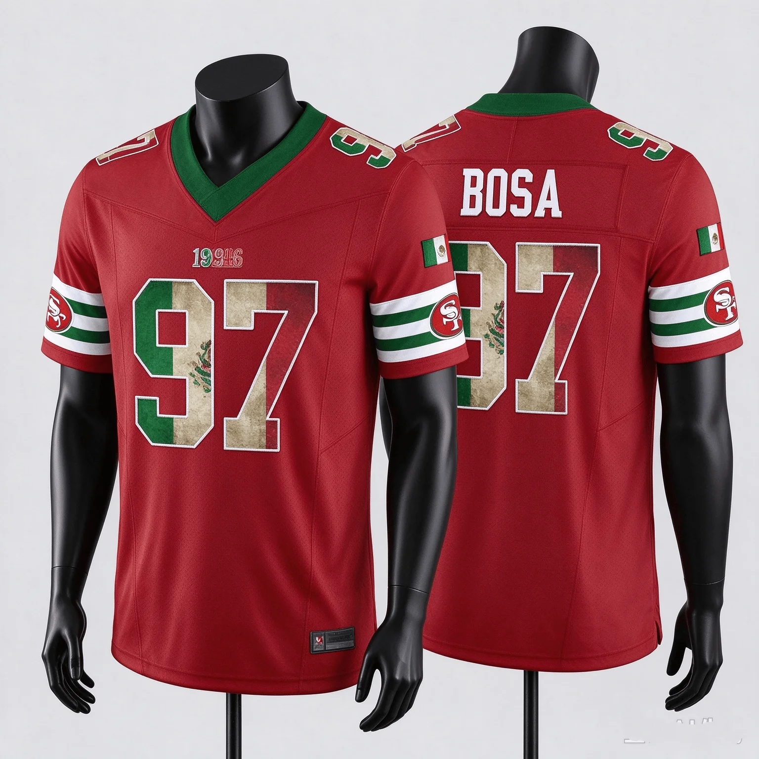 Camiseta de fútbol con la bandera de México de los San Francisco 49ers para hombre, Bosa 97, Montana 16, Rice 80, Lott 42, Warner 54, camiseta deportiva para aficionados.