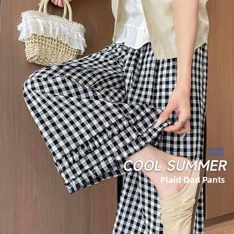 

High Waist Plaid Wide Leg Casual Pants Women's Summer Thin Elastic Loose Fit Straight Cut Trousers Korean Style Breathable Sk...