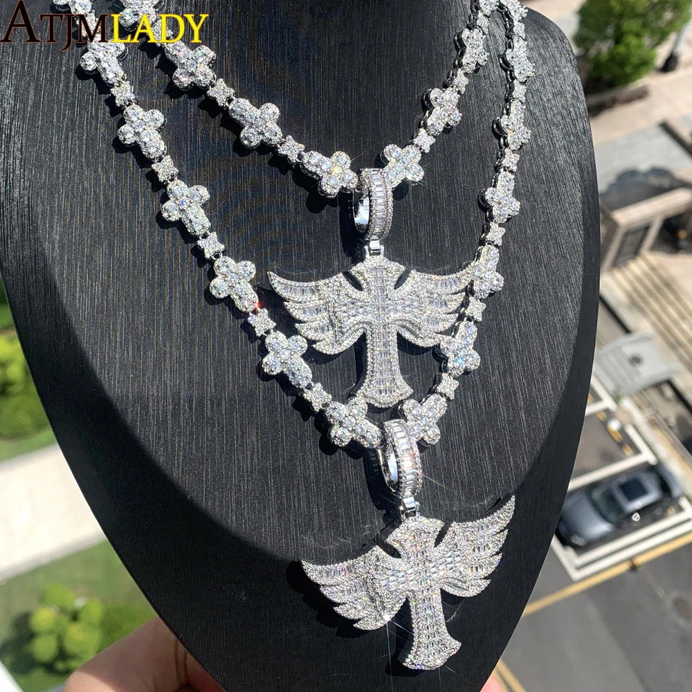 2024 New Cross Angel Wing Necklace Iced Out Bling 5A Cubic Zirconia Paved Northstar Link Chain for Men Women Hip Hop Jewelry