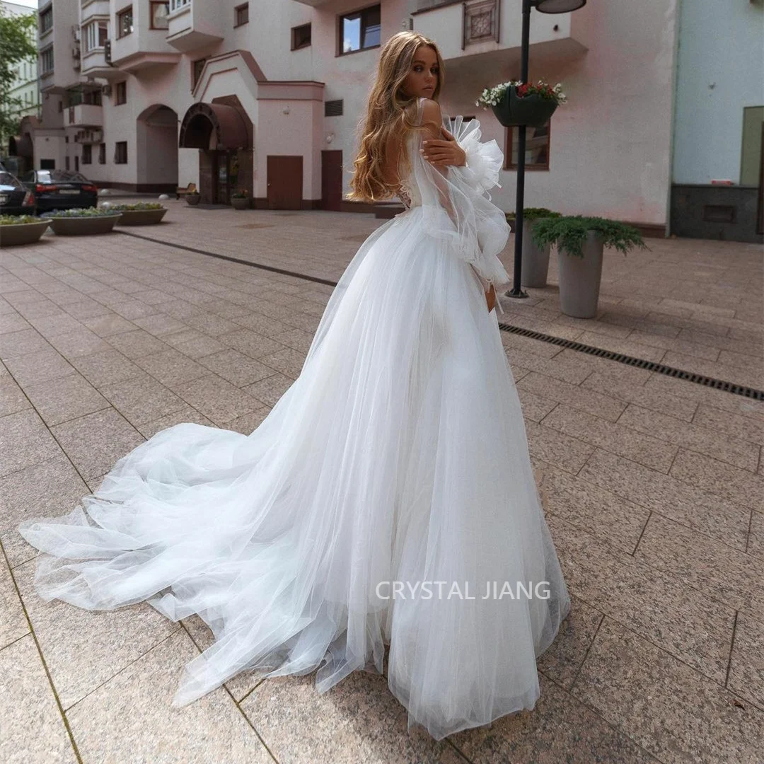 Vestidos De Novia elegantes De encaje con cuello en V, mangas completas, línea A, tul, cremallera en la espalda, tren De barrido, 2023