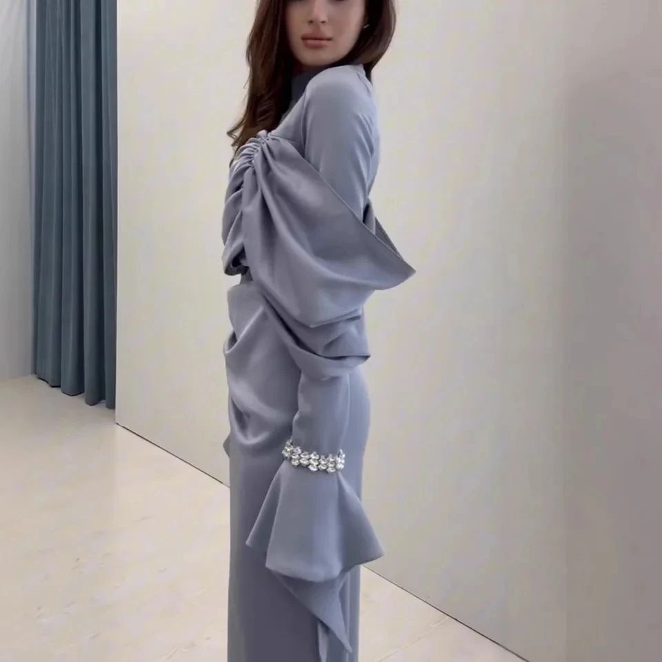 

Women's Solid Color Long Sleeve O-neck Pleated Floor Length Saymmetrical Luxury Trendy Slim Dresses Female Clothes 2025 Fashion