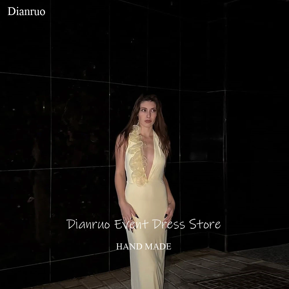 فساتين سهرة مكشكشة مصنوعة يدويًا من Dianruo مثيرة بفتحة رقبة على شكل V عميقة رداء De Soirée نسائي برقبة رسن وأربطة فيستدوس أنيقة مخصصة