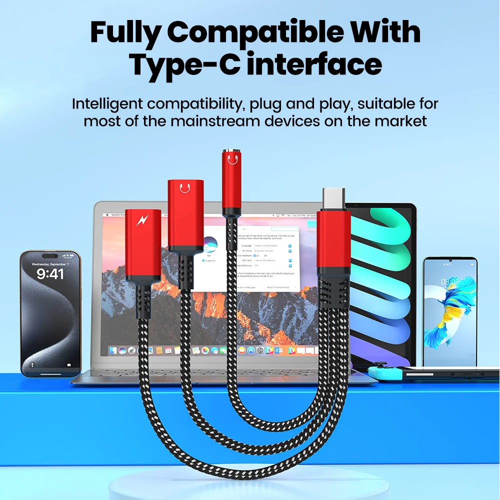 Type C Audio Adapter Cable 3in1 60W Fast Charging For iphone 15 16 Samsung Type C To Dual Type C/ 3.5mm Jack Earphone Splitter