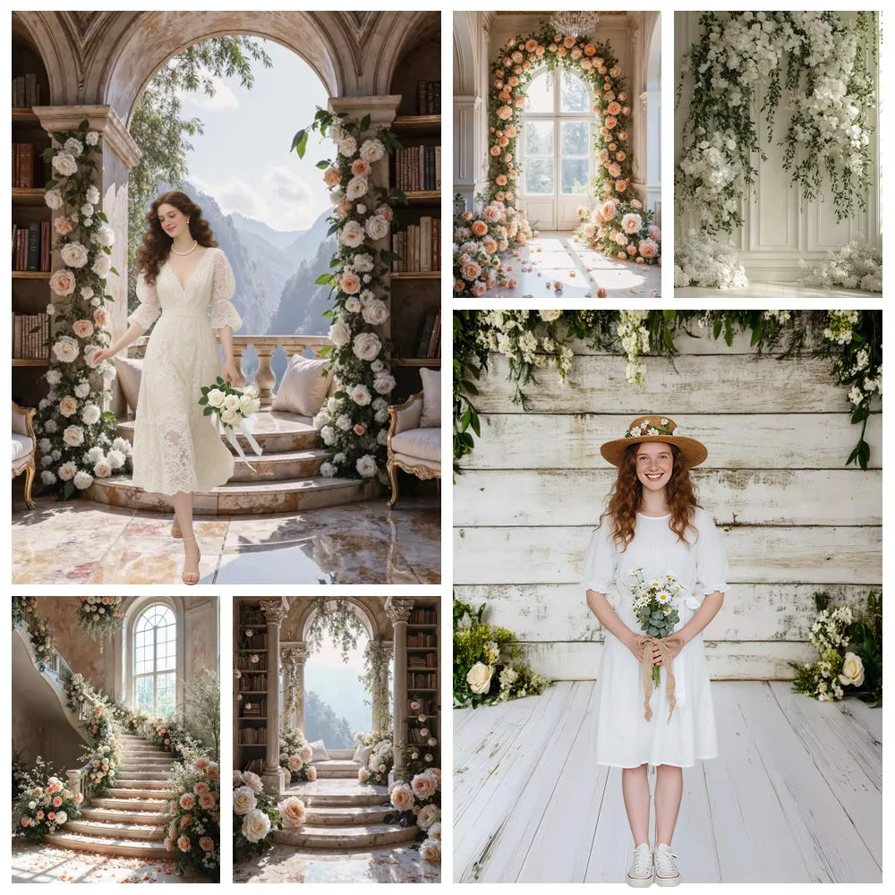 

Wedding Flower Photography Backdrop Elegant Floral White Rose Castle Palace Stairs Bridal Shower Portrait Photo Background Decor