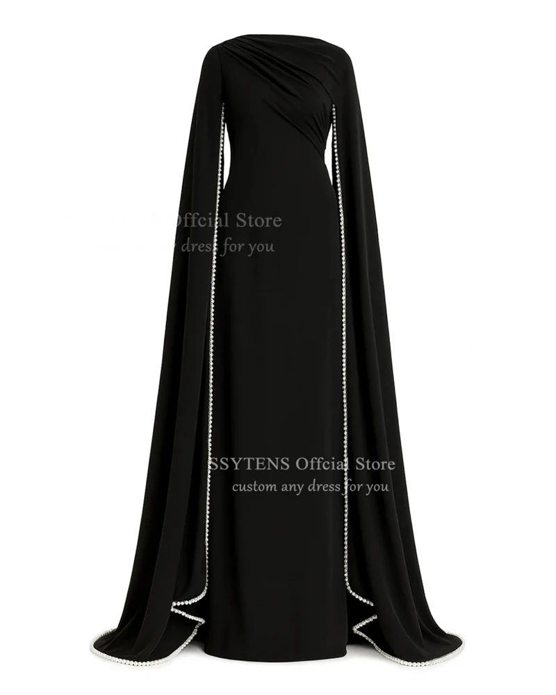 SSYTENS elegante vestido de fiesta de boda negro una línea perlas mangas largas vestidos de noche Arabia Saudita vestidos de noche formales de lujo
