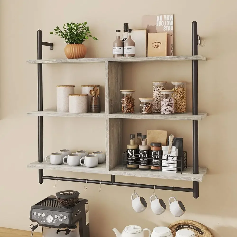 3-Tier Wall-Mounted Floating Kitchen Shelves with 8 Hooks, Ideal for Coffee Bar, Mugs, Plants, Retro Grey