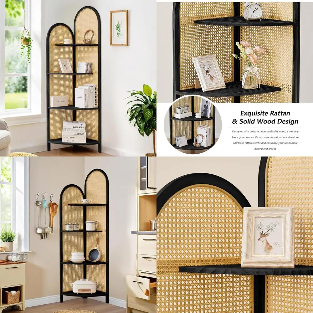 Pine Rattan Corner Bookshelf with Legs, 5.6ft Tall, 4-Tier Minimalist Design, Space-Saving Corner Shelving Solution