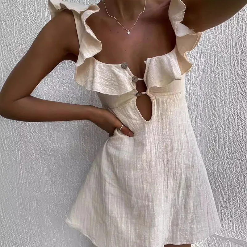 Summer Hollow Out Button Ruffles Short Dress Sexy V Neck Sleeveless Solid Color Dress New Holiday Beach Cotton Linen Mini Dress