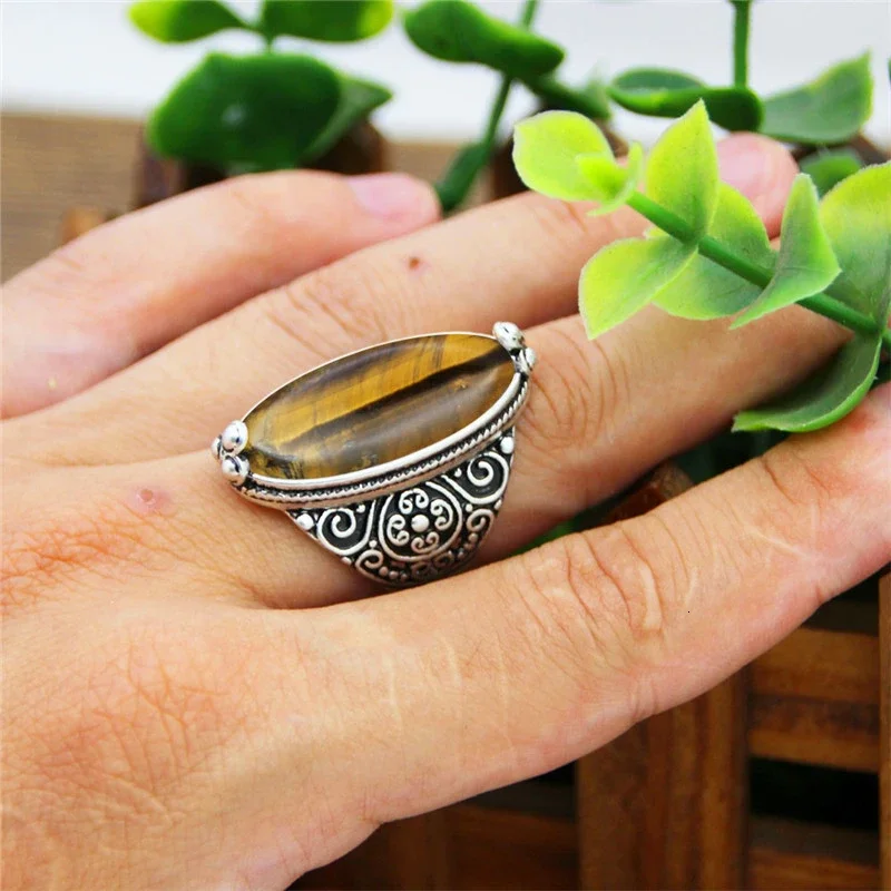 Irregular Natural Tiger Eye Rings Flower Band Stone Ring For Women Antique Silver Plated Fashion Jewelry TR665