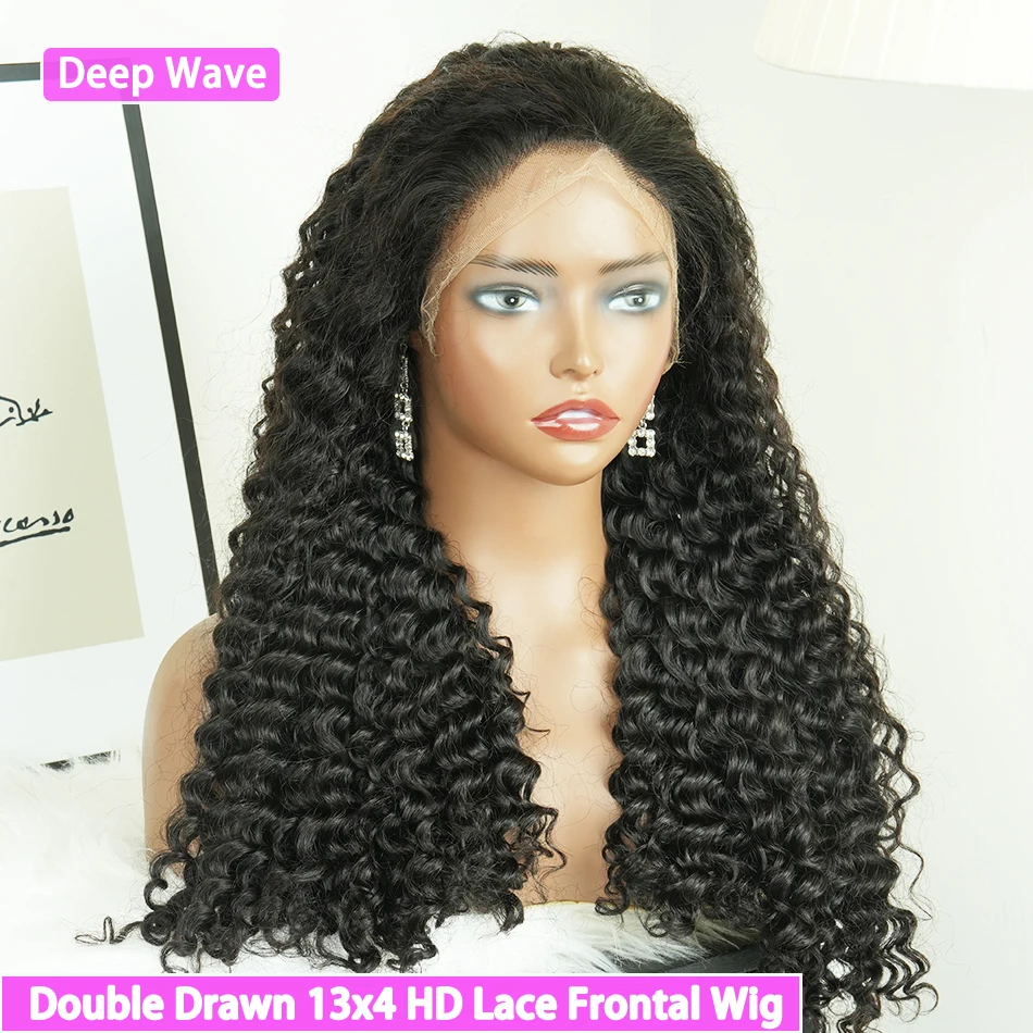 

Парик из натуральных волос Double Drawn Deep Wave 13x4 HD Lace Frontal, предварительно выщипанный, 200% 250% плотность, с HD-кружевом # Натуральный парик из необработанных волос 1B Natural Color