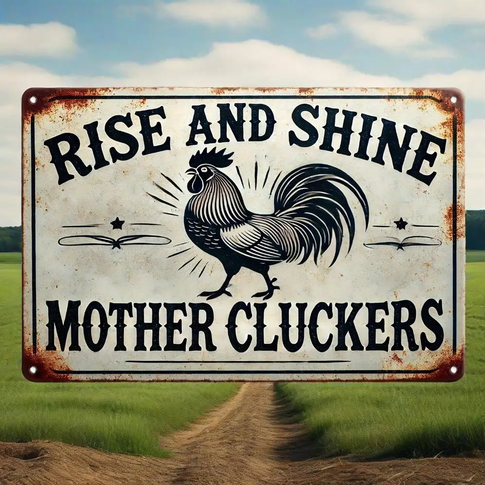 Rise and Shine Mother Cluckers" تصميم عتيق مضحك - فن جداري للمزرعة الريفية مع الديك وأشعة الشمس | متين داخلي #1