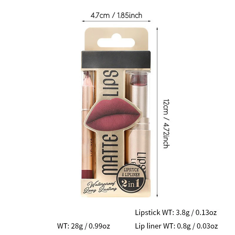 Conjunto de batom fosco e lápis labial, cosméticos duradouros à prova d'água, contorno marrom nu, bálsamo labial colorido, novo, 2 em 1