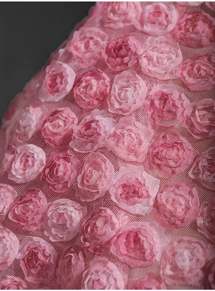 

Pink 3D rose lace embroidered mesh fabric for dresses, bags, creative wedding DIY clothing designer fabric