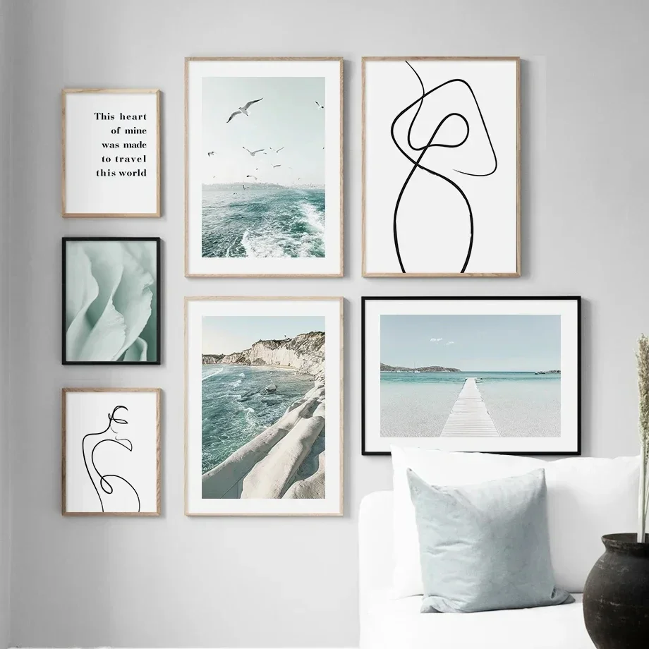 Blue Sea Coast Drew Line Body Abstract Wall Art Canvas Painting Nordic Posters And Prints Wall Pictures For Living Room Decor