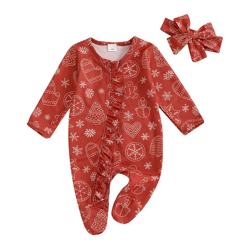 Toddler Girls Holiday  with Reindeer and Santa Claus Print Long Sleeve Romper with Matching Bow Headband