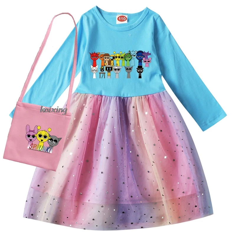 Sprunki Cartoon Girls Dresses Spring Summer Fashion Pageant Dress Clothes Girls Princess Dress Toddler Dress Tutu Dresses Bag