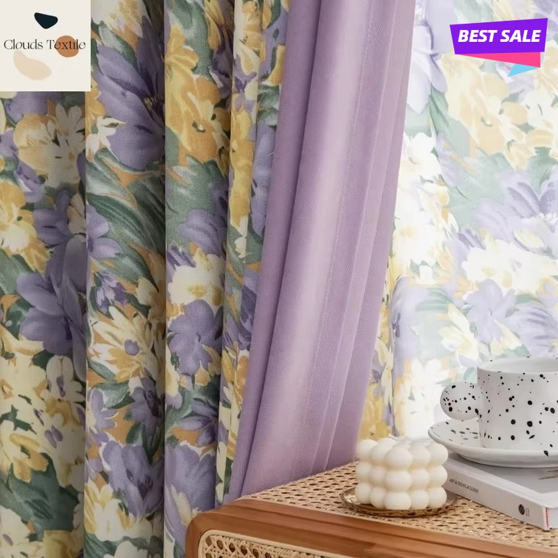 Modern American Style Purple Flower Curtains for Living Dining Room Bedroom Blackout Children's Room Curtains Customize