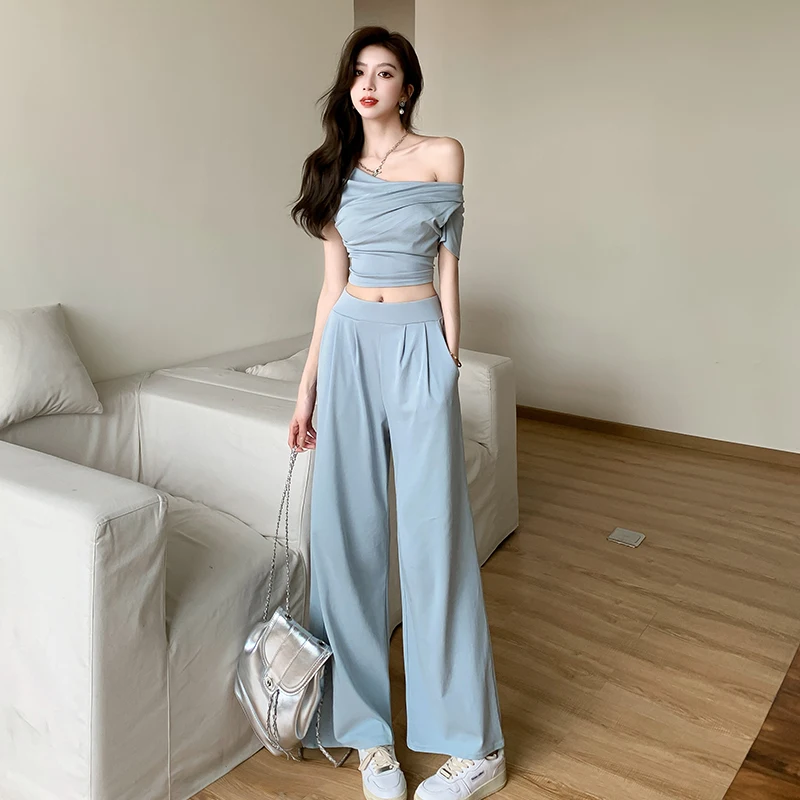 New Summer 2024 Solid Women Two Piece Set Irregular Off Shoulder Top Long Wide Leg Pants Casual Fashion Ladies Sets Clothing