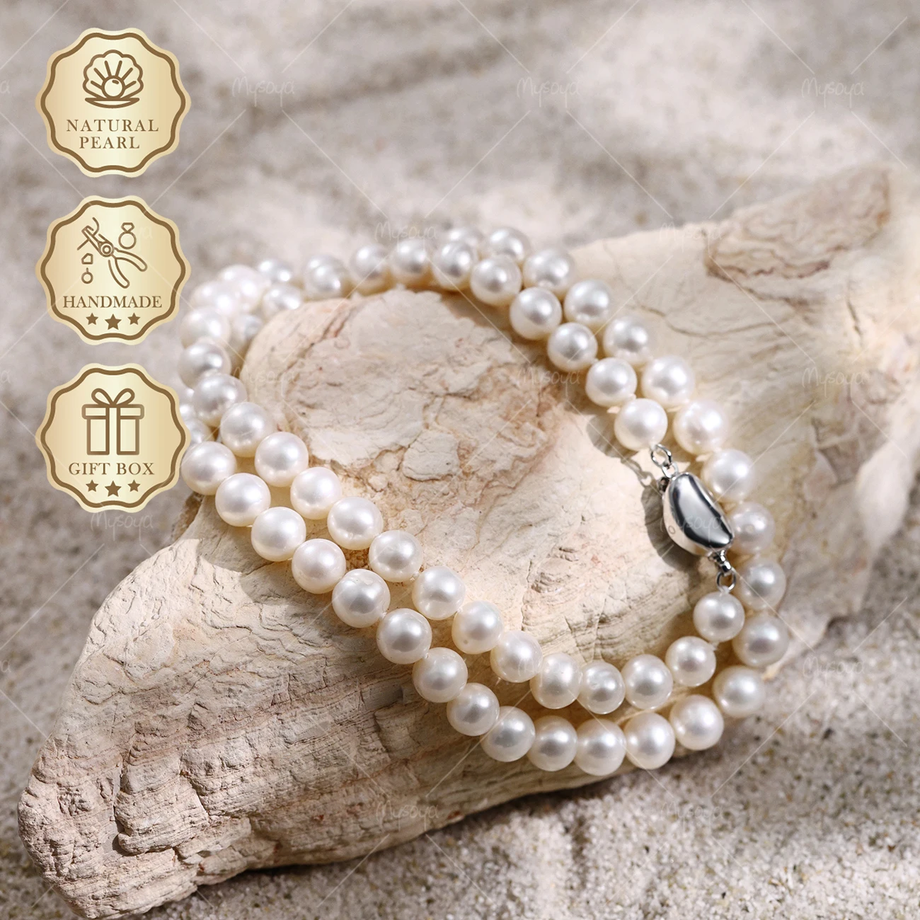 MYSOYA Biwa Lake White Freshwater Pearl Necklace 7-7.5mm Silver Ingot Clasp, Gift Box S353
