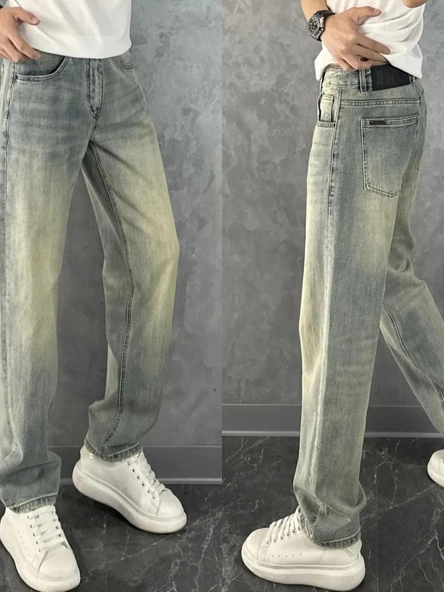 

Spring Autumn New Sle Men's Faionable Retro Waed Straight Leg Jeans Elastic Casual Pants Stand Fit Wear Resistant