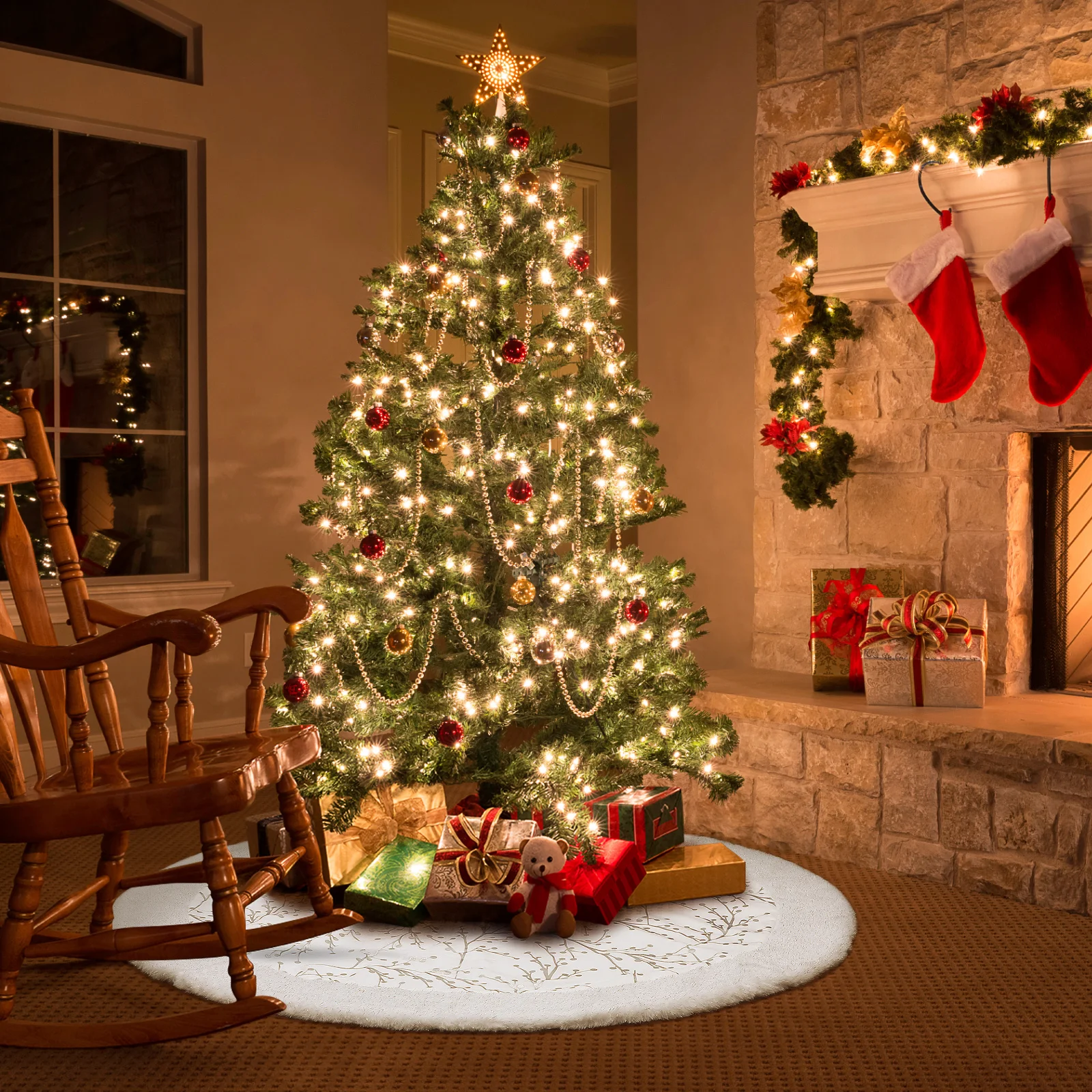 

Christmas Tree Skirt White Large Double Layer Premium Fabric Pattern Decor for Under Tree Holiday Party Home Decoration