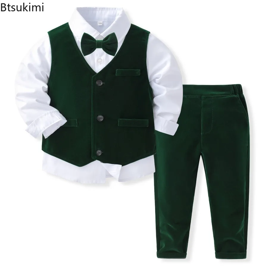 2026 Boys' Gentleman Set Spring New Children's Comfortable Solid Color Vest 3-Piece Set Baby Suit Wedding Birthday Banquet Dress