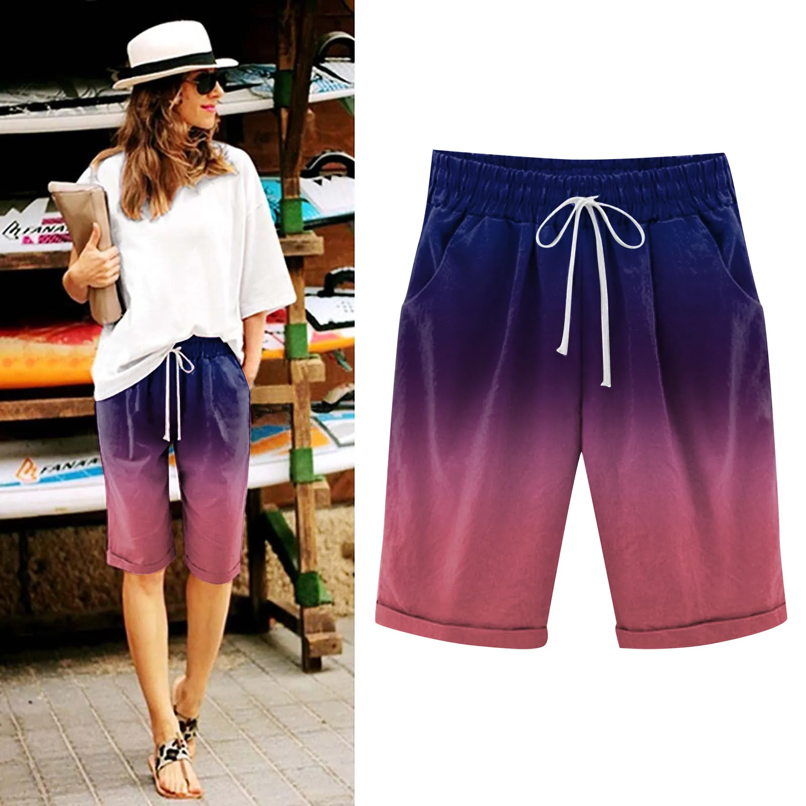 

Summer High Waisted Prints Pants Plus Size Gradient Color Casual Shorts Lacing Beach Cotton Pants Falda Short De Mujer