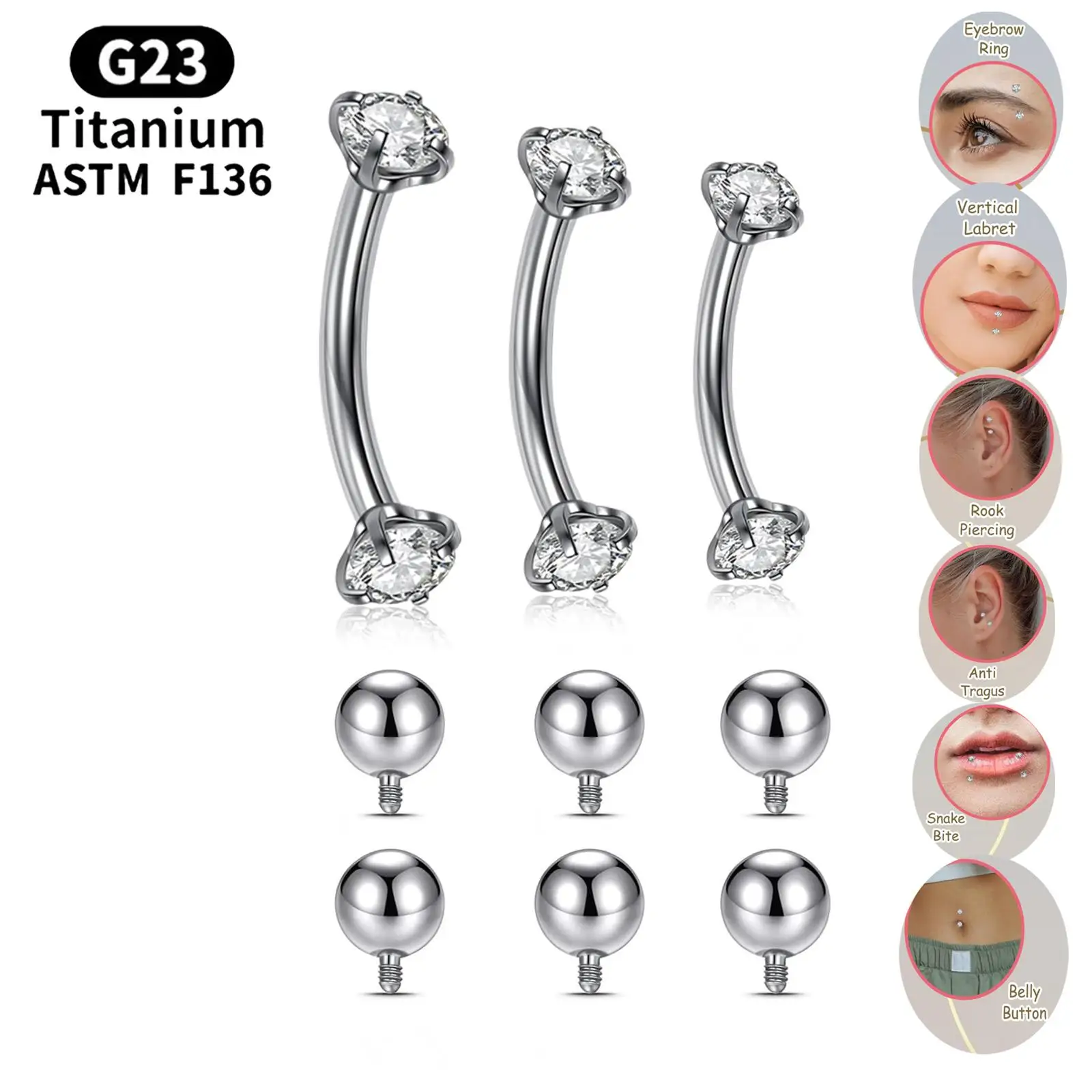 16G Titanium CZ Internally Thread Curved Barbell Eyebrow Vertical Labret Lip Bars Piercing Jewelry with Replacement Balls 6-10MM