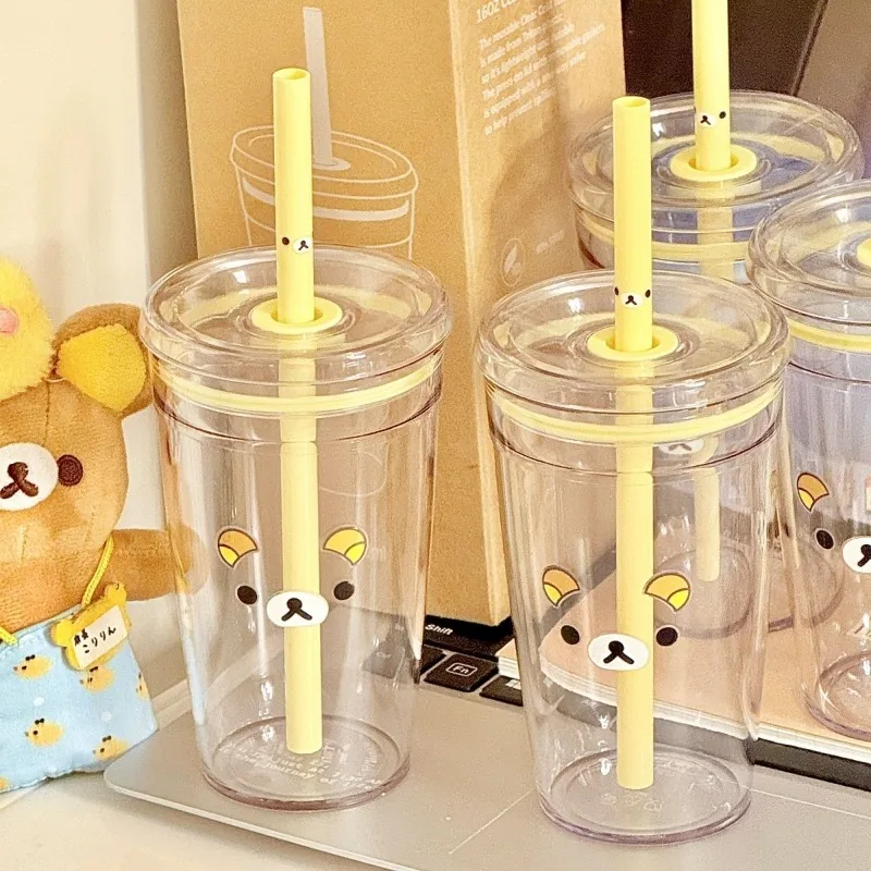 

450ml Summer Transparent Rilakkuma Straw Water Cup New Large Capacity Girl Kawaii with Lid Home Office Portable Milk Coffee Cup