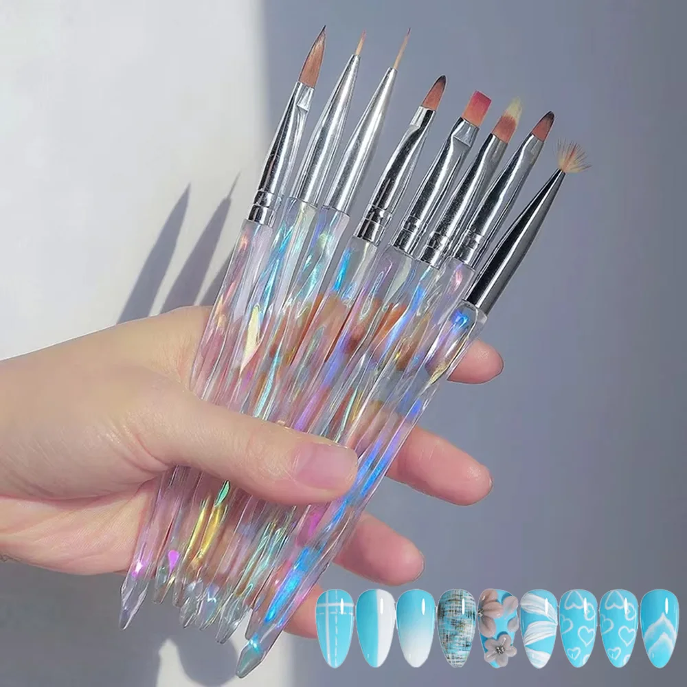 8/9pcs Aurora Iridescent Nail Art Painting Pens for Nail Design Soft Slender Brush #0.6-1.6cm Gradient Gel Drawing DIY Pen Brush