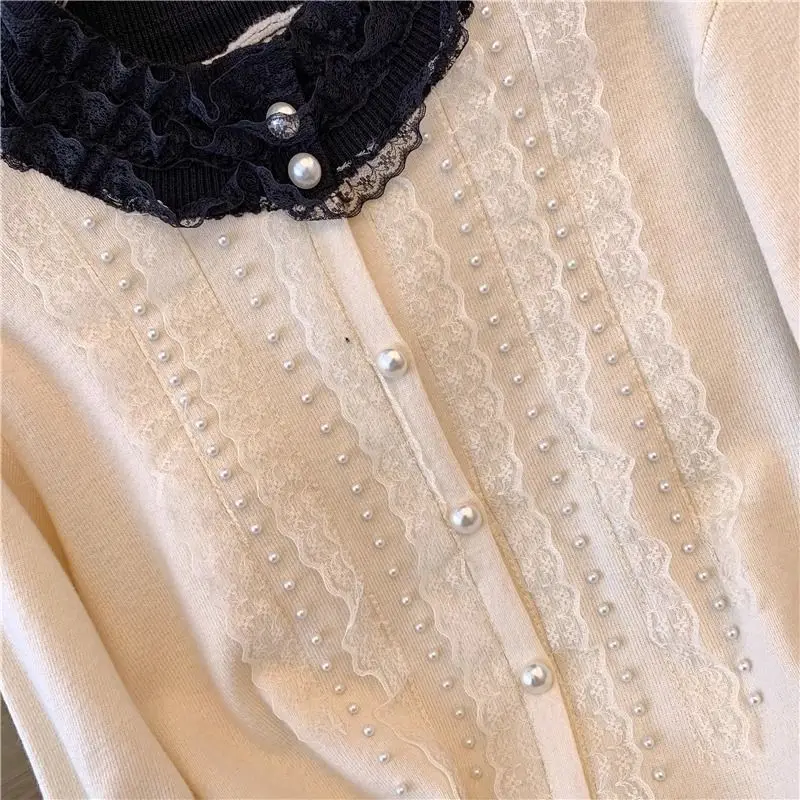 Autumn Winter Nail Bead Cardigan Lace Splicing Single Breasted Knitting Autumn and Winter New Fashion All-match Chic Sweaters