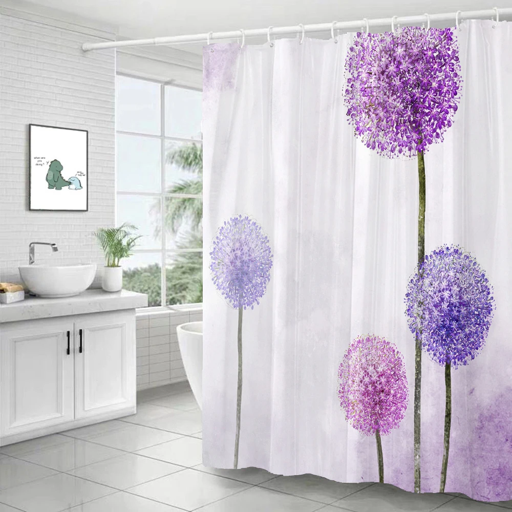 Purple Hydrangea Flower White Shower Curtain Landscape 3D Green Plant Waterproof Polyester Bathroom Curtains Bath Screen Decor