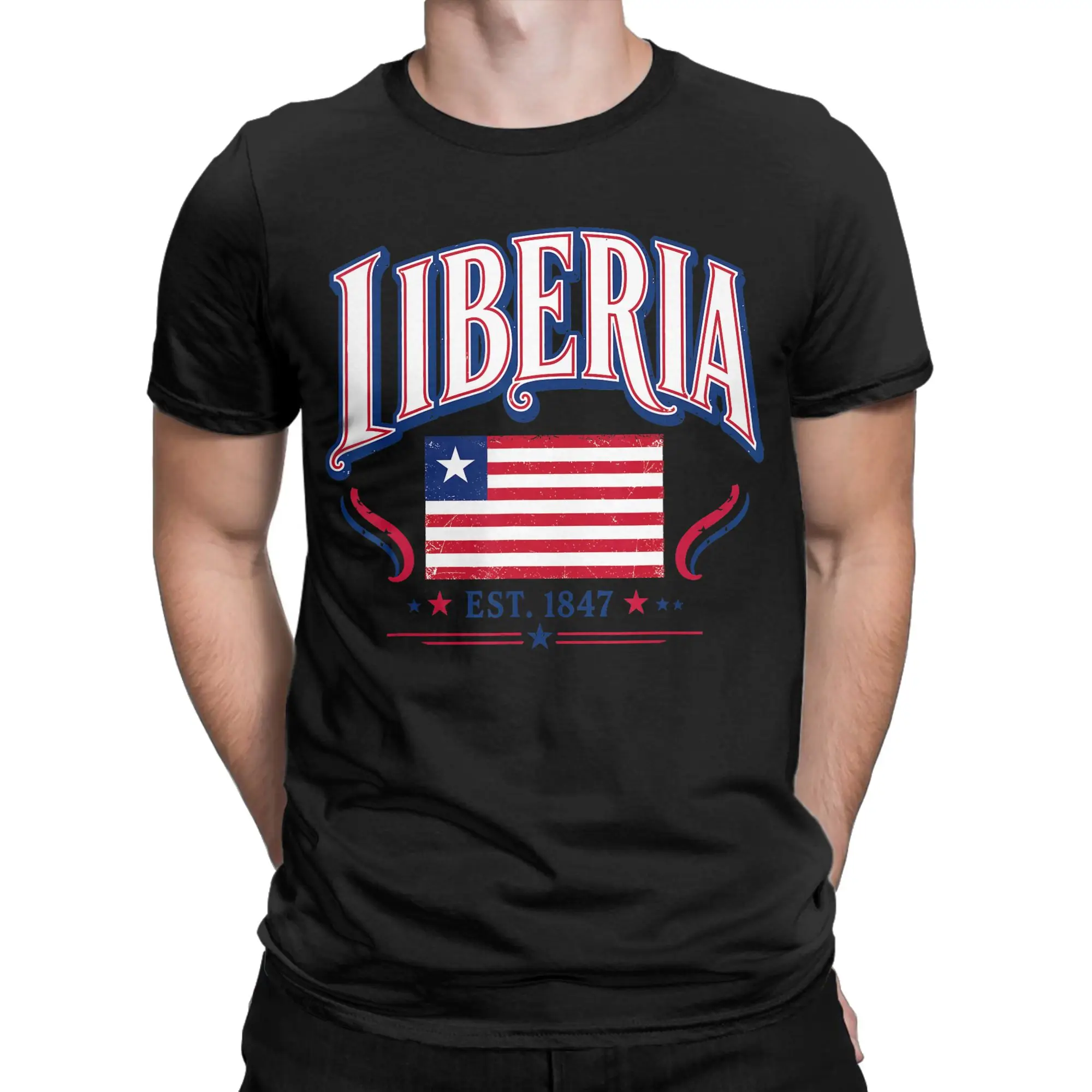 Men T-Shirt Liberia Est 1847 Independence Day  Funny Pure Cotton Tee Shirt Short Sleeve  T Shirts Crewneck Clothes Plus Size