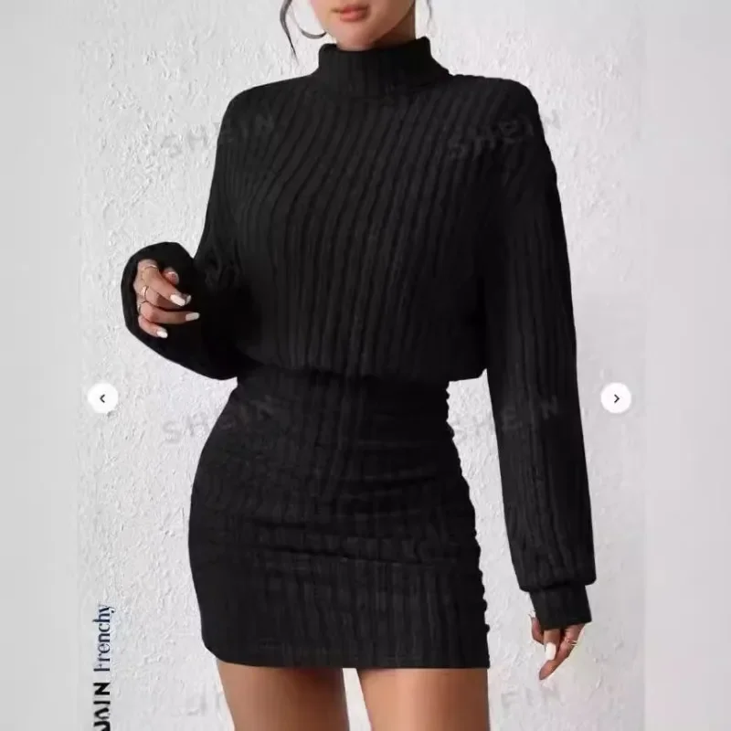 

Women's Fashion High Neck Knitted Sweater Dress Female Casual Solid Loose Long Sleeve Warm Mini Dresses Y2k Vestido Feminino 원피스