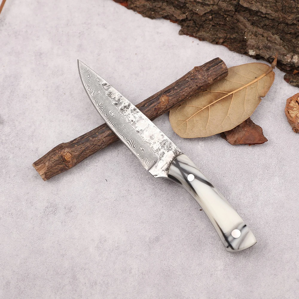 Forged Damascus grain straight knife self-defense knife car-mounted mini pocket knife one steel sharp fruit knife