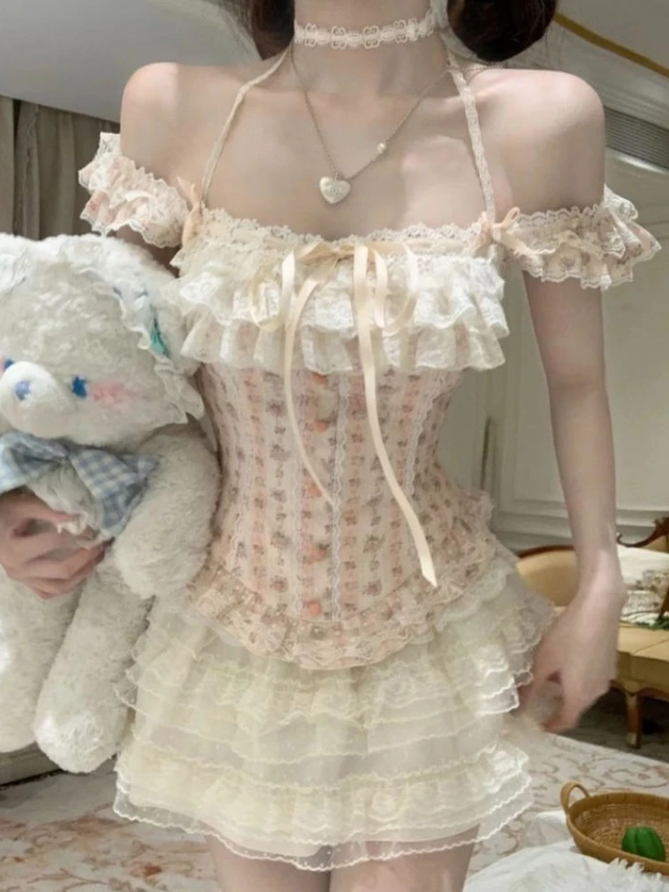 Nuevo dulce Cottagecore encaje ajustado conjunto de 2 piezas moda de verano Kawaii arco Slash cuello estampado Tops diseño falda de cintura alta traje de mujer