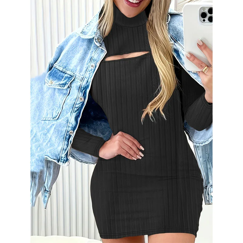 Women's Clothing Oversize Casual Autumn and Winter New Fashion Hollow Out Half High Neck Long Sleeve Versatile Commuter Dress