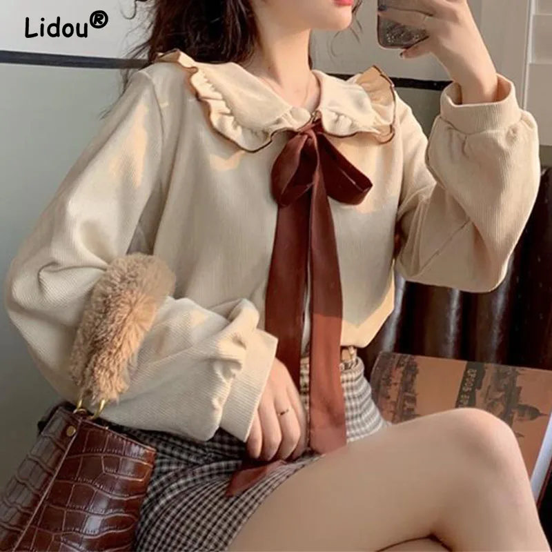 2023 Sweet Elegan Peter Pan Collar Long Sleeve Ruffles Single Breasted Blouses Temperament Chic Blouses for Women  blouse with